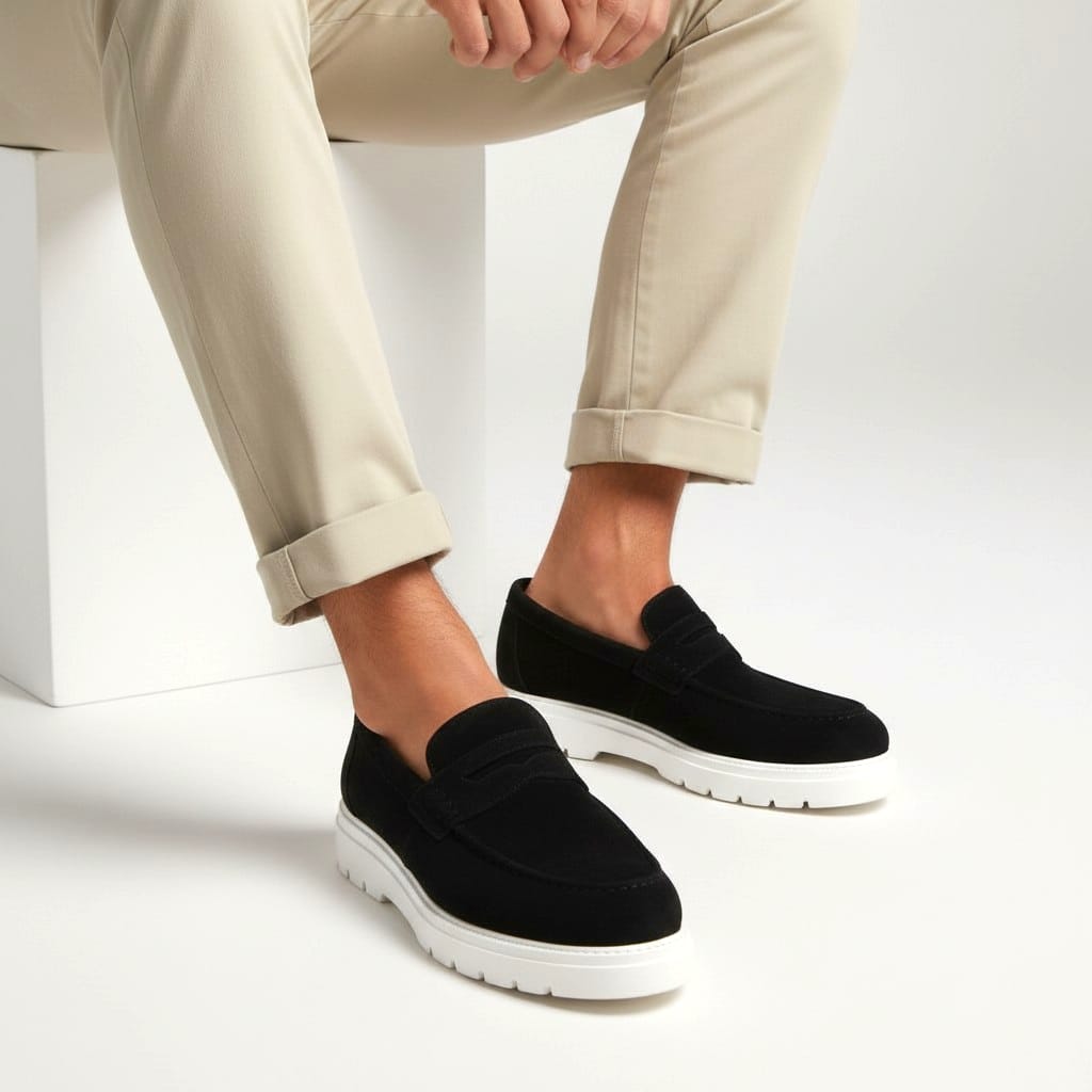 Men's suede loafer shoes black – a modern moccasin design with exceptional lightness and comfort for everyday and casual wear.